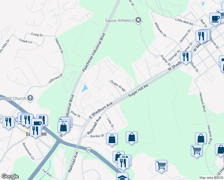 map of restaurants, bars, coffee shops, grocery stores, and more near 4963 Austin Park Avenue in Buford