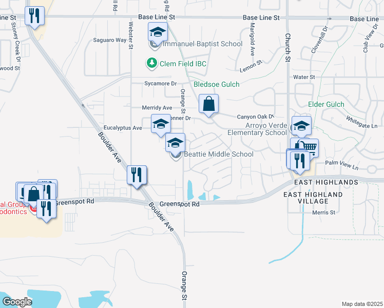 map of restaurants, bars, coffee shops, grocery stores, and more near 28544 Foxboro Lane in Highland