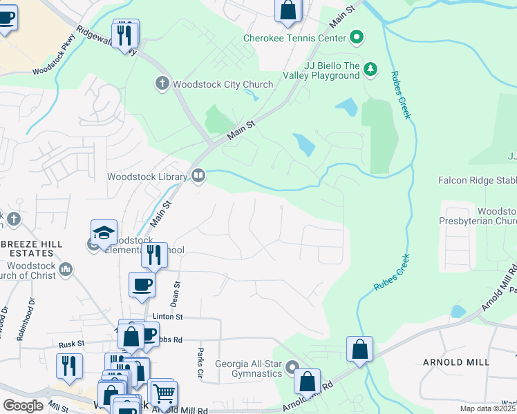 map of restaurants, bars, coffee shops, grocery stores, and more near 626 Oakbourne Way in Woodstock
