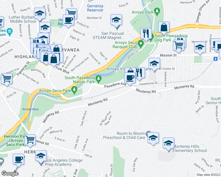 map of restaurants, bars, coffee shops, grocery stores, and more near 143 Pasadena Avenue in South Pasadena
