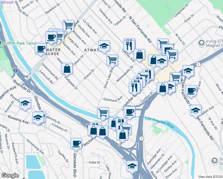 map of restaurants, bars, coffee shops, grocery stores, and more near 3149 Garden Avenue in Los Angeles