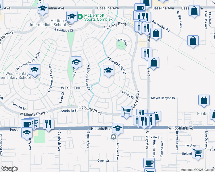 map of restaurants, bars, coffee shops, grocery stores, and more near 14000 East Constitution Way in Fontana