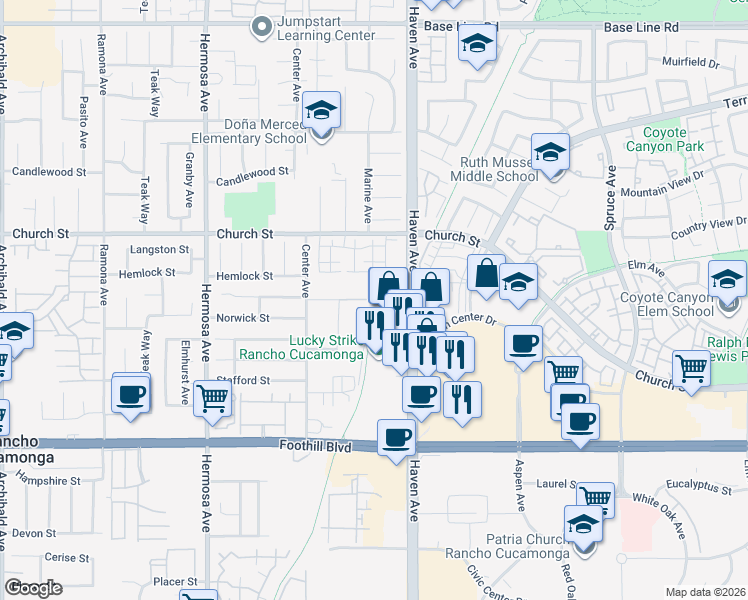 map of restaurants, bars, coffee shops, grocery stores, and more near 10440 Ashford Street in Rancho Cucamonga