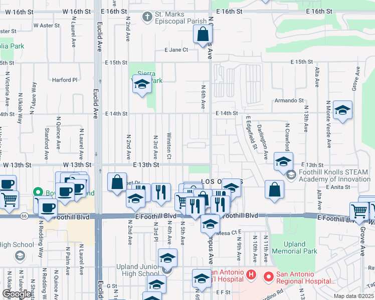 map of restaurants, bars, coffee shops, grocery stores, and more near 524 East Cabernet Court in Upland