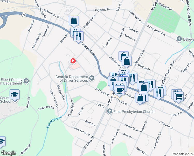 map of restaurants, bars, coffee shops, grocery stores, and more near 45 Forest Avenue in Elberton