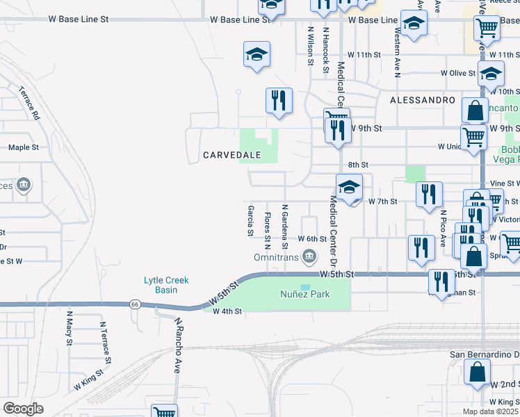 map of restaurants, bars, coffee shops, grocery stores, and more near 677 Flores Street North in San Bernardino