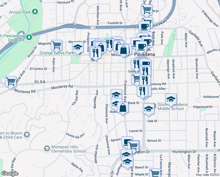 map of restaurants, bars, coffee shops, grocery stores, and more near 1221 Monterey Road in South Pasadena