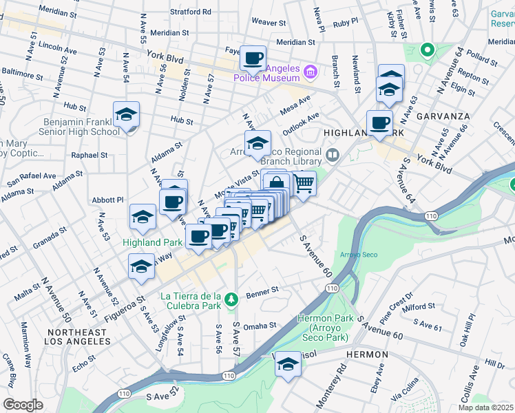 map of restaurants, bars, coffee shops, grocery stores, and more near 5910 Marmion Way in Los Angeles