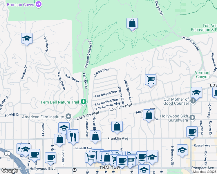 map of restaurants, bars, coffee shops, grocery stores, and more near 5222 Los Franciscos Way in Los Angeles