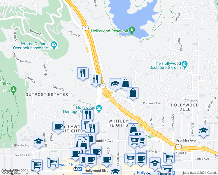 map of restaurants, bars, coffee shops, grocery stores, and more near 2346 North Cahuenga Boulevard in Los Angeles