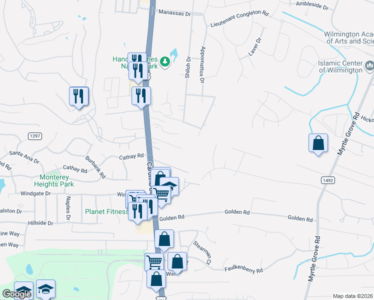 map of restaurants, bars, coffee shops, grocery stores, and more near 6223 Carolina Beach Road in Wilmington