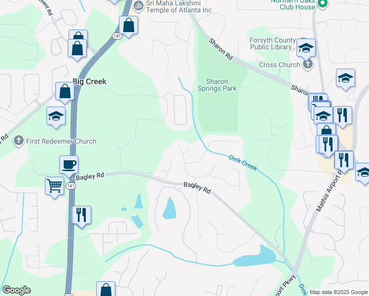 map of restaurants, bars, coffee shops, grocery stores, and more near 2305 Stonevalley Court in Cumming