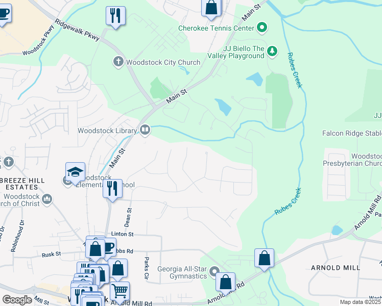 map of restaurants, bars, coffee shops, grocery stores, and more near 626 Oakbourne Way in Woodstock