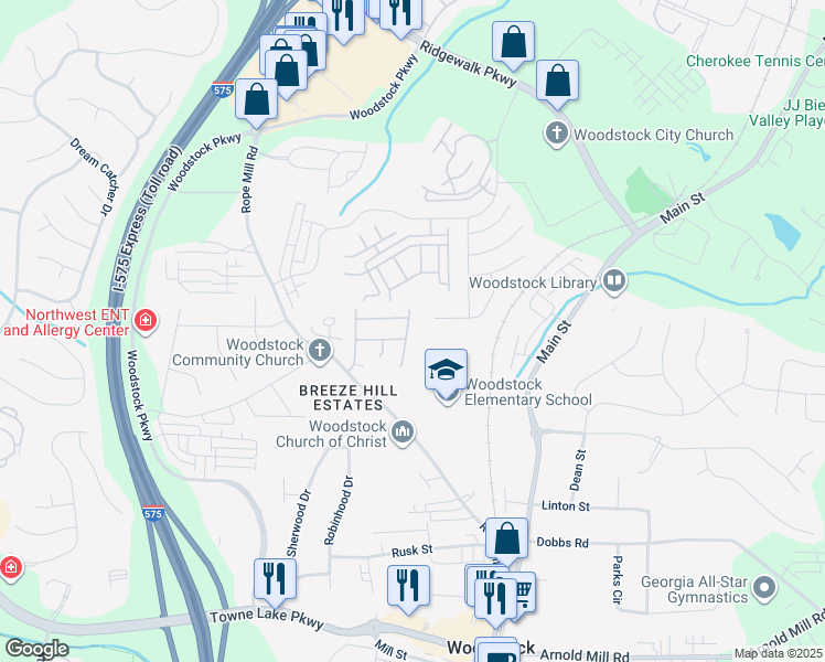 map of restaurants, bars, coffee shops, grocery stores, and more near 416 Towne Valley Drive in Woodstock