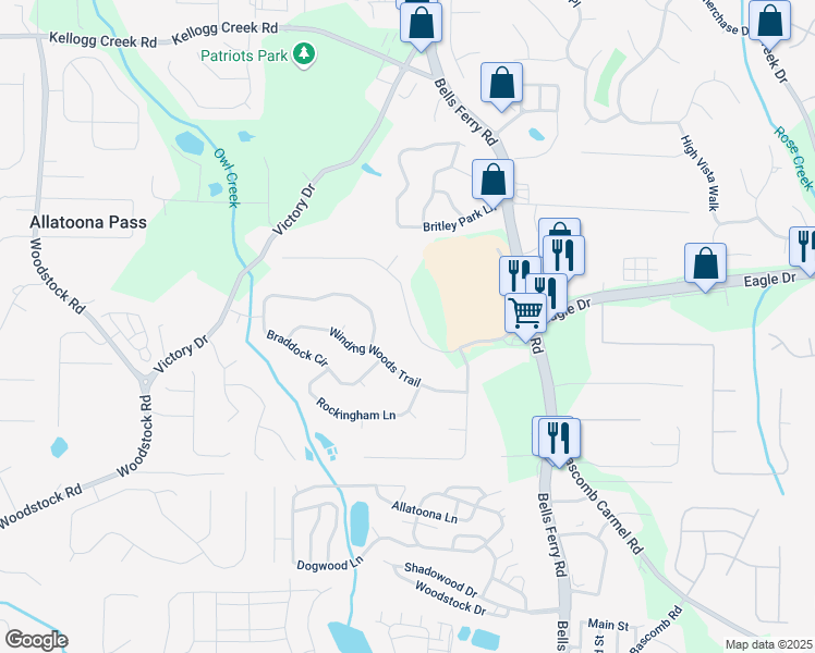 map of restaurants, bars, coffee shops, grocery stores, and more near 1666 Eagle Drive in Woodstock