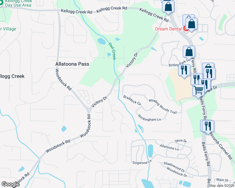 map of restaurants, bars, coffee shops, grocery stores, and more near 901 Barros Circle in Woodstock