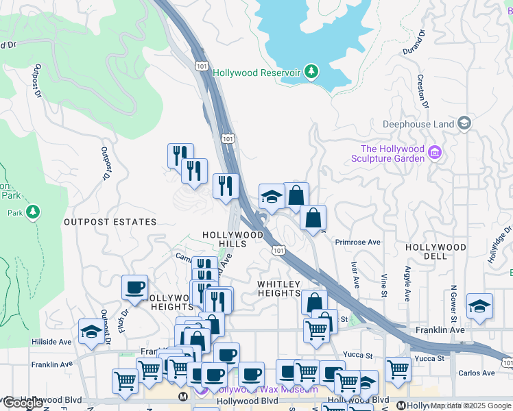 map of restaurants, bars, coffee shops, grocery stores, and more near 2346 North Cahuenga Boulevard in Los Angeles