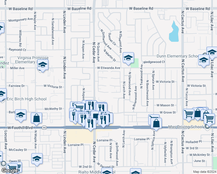 map of restaurants, bars, coffee shops, grocery stores, and more near 1199 West Victoria Street in Rialto