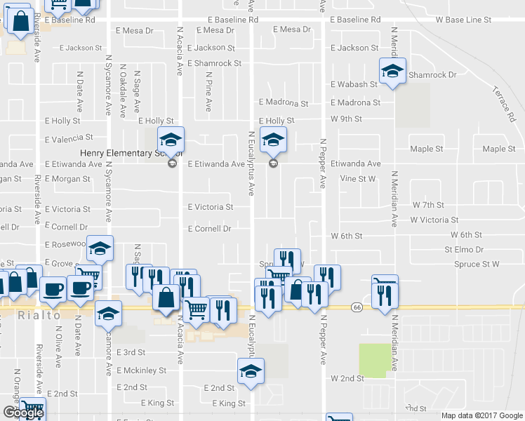 map of restaurants, bars, coffee shops, grocery stores, and more near 668 North Mulberry Avenue in Rialto