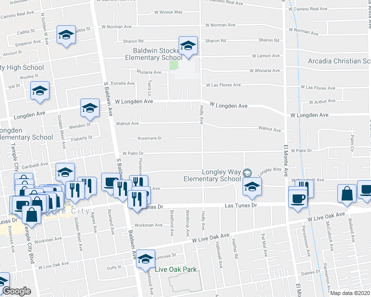 map of restaurants, bars, coffee shops, grocery stores, and more near 429 West Palm Drive in Arcadia