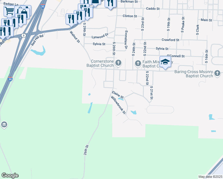 map of restaurants, bars, coffee shops, grocery stores, and more near 2508 Elaine Street in Arkadelphia