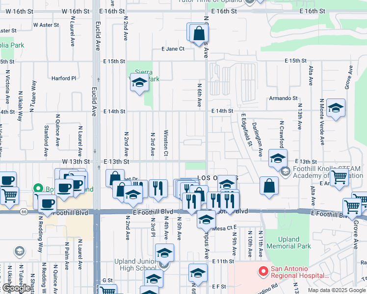 map of restaurants, bars, coffee shops, grocery stores, and more near 524 East Cabernet Court in Upland