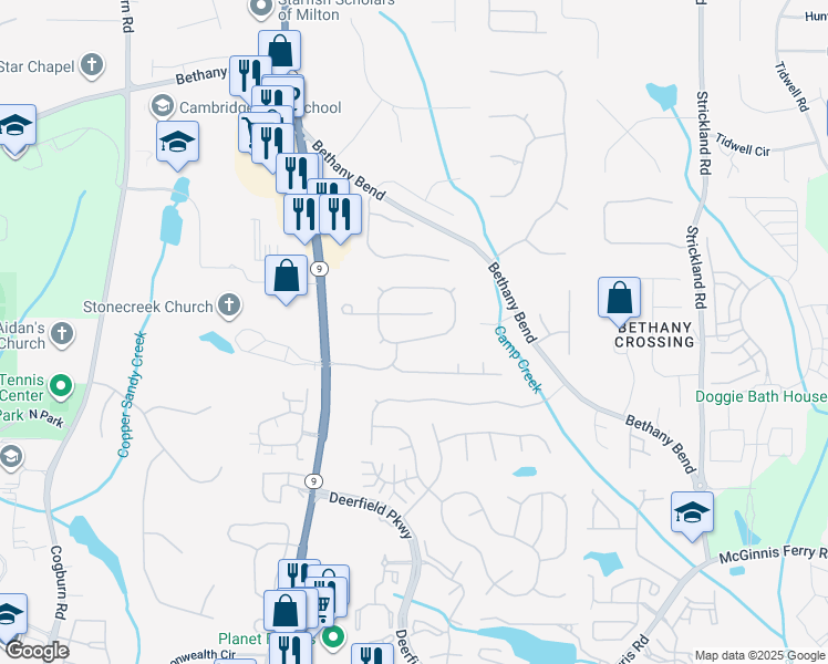 map of restaurants, bars, coffee shops, grocery stores, and more near 13611 Weycroft Circle in Alpharetta