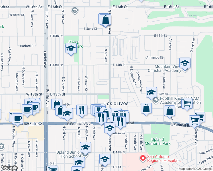 map of restaurants, bars, coffee shops, grocery stores, and more near 620 East Cabernet Court in Upland