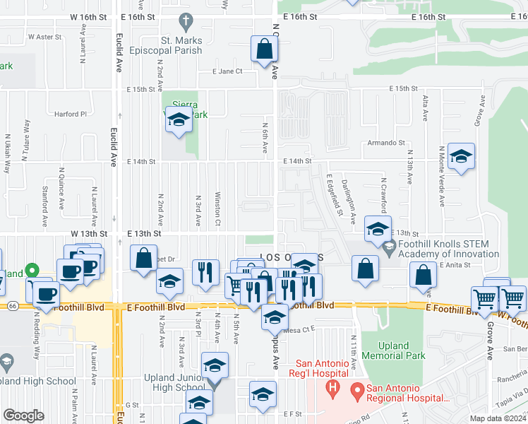 map of restaurants, bars, coffee shops, grocery stores, and more near 608 East Cabernet Court in Upland