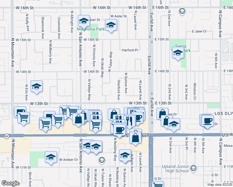 map of restaurants, bars, coffee shops, grocery stores, and more near 1327 Stanford Way in Upland