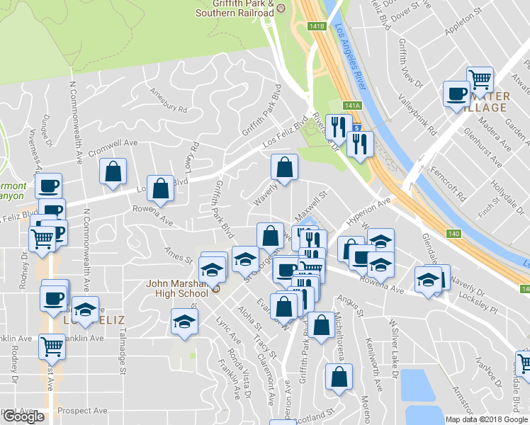 map of restaurants, bars, coffee shops, grocery stores, and more near 3019 Surry Street in Los Angeles