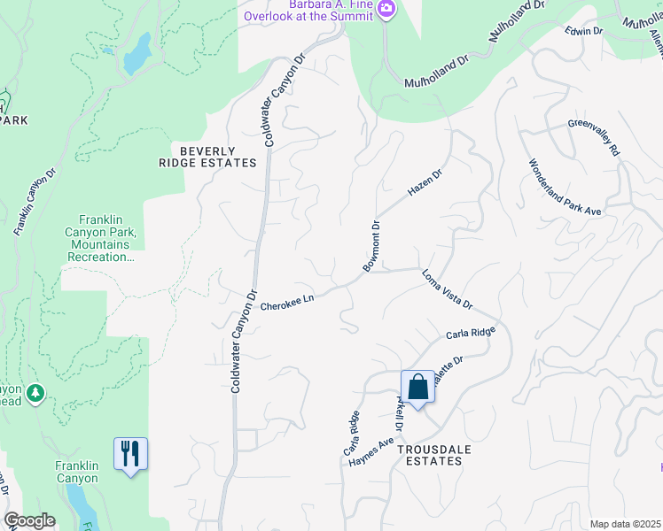map of restaurants, bars, coffee shops, grocery stores, and more near 2121 El Roble Lane in Beverly Hills