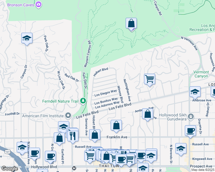map of restaurants, bars, coffee shops, grocery stores, and more near 5222 Los Franciscos Way in Los Angeles