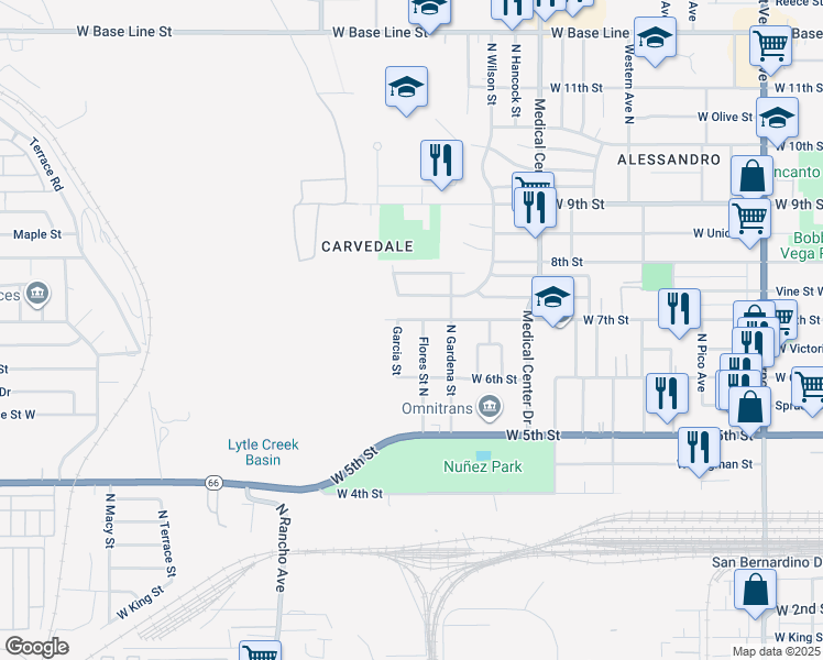 map of restaurants, bars, coffee shops, grocery stores, and more near 677 Flores Street North in San Bernardino