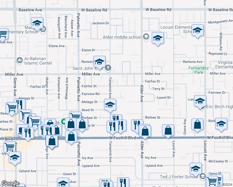map of restaurants, bars, coffee shops, grocery stores, and more near 17548 Court Street in Fontana