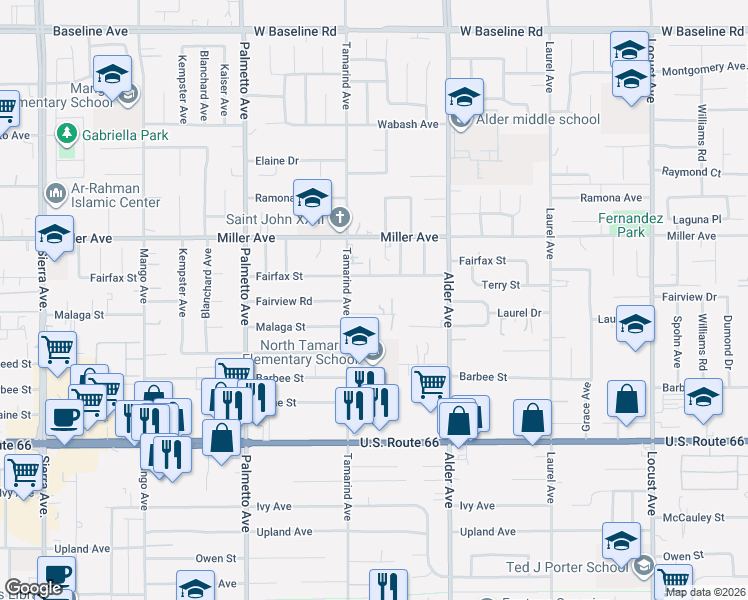 map of restaurants, bars, coffee shops, grocery stores, and more near 17556 Court Street in Fontana
