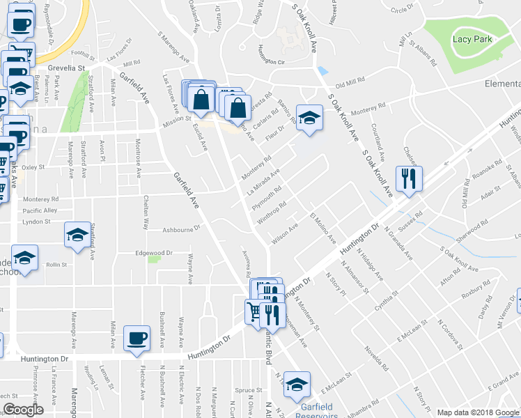 map of restaurants, bars, coffee shops, grocery stores, and more near 480 Plymouth Road in San Marino