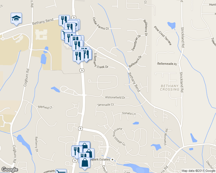 map of restaurants, bars, coffee shops, grocery stores, and more near 13609 Weycroft Circle in Alpharetta