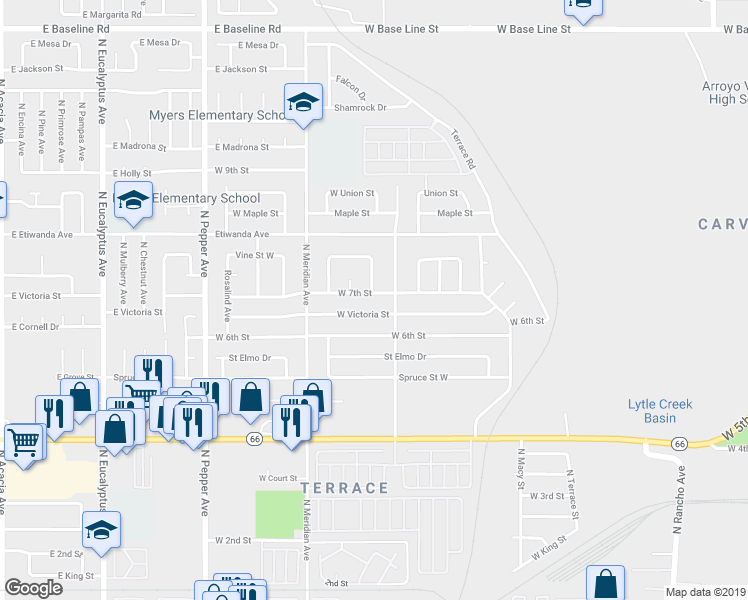map of restaurants, bars, coffee shops, grocery stores, and more near 2545 West 7th Street in San Bernardino