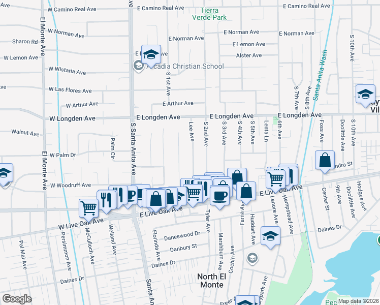map of restaurants, bars, coffee shops, grocery stores, and more near 2401 Lee Avenue in Arcadia