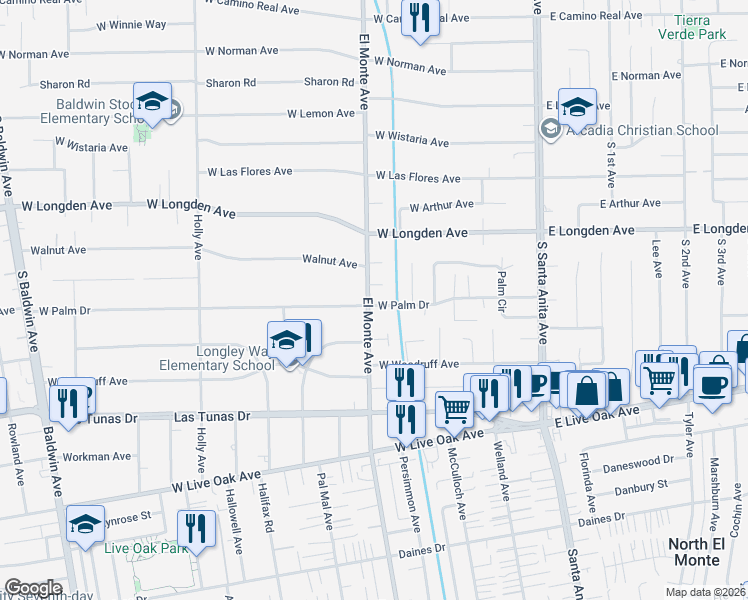 map of restaurants, bars, coffee shops, grocery stores, and more near 185 West Palm Drive in Arcadia