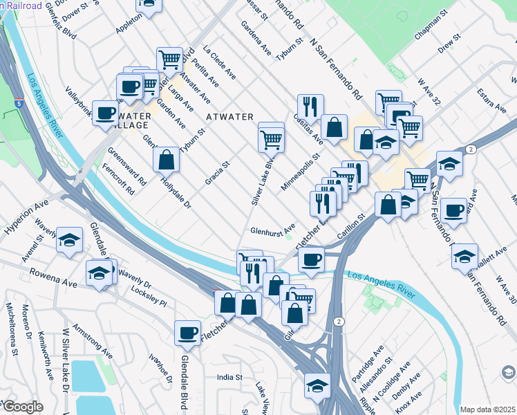 map of restaurants, bars, coffee shops, grocery stores, and more near 3145 Garden Avenue in Los Angeles