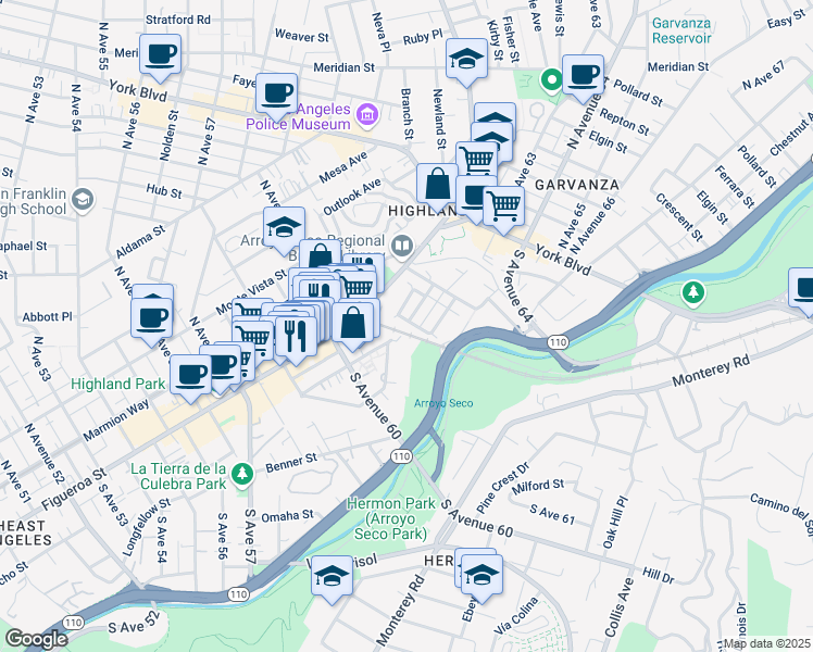 map of restaurants, bars, coffee shops, grocery stores, and more near 141 South Avenue 61 in Los Angeles