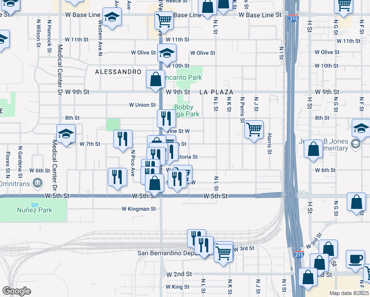 map of restaurants, bars, coffee shops, grocery stores, and more near 1220 West Victoria Street in San Bernardino