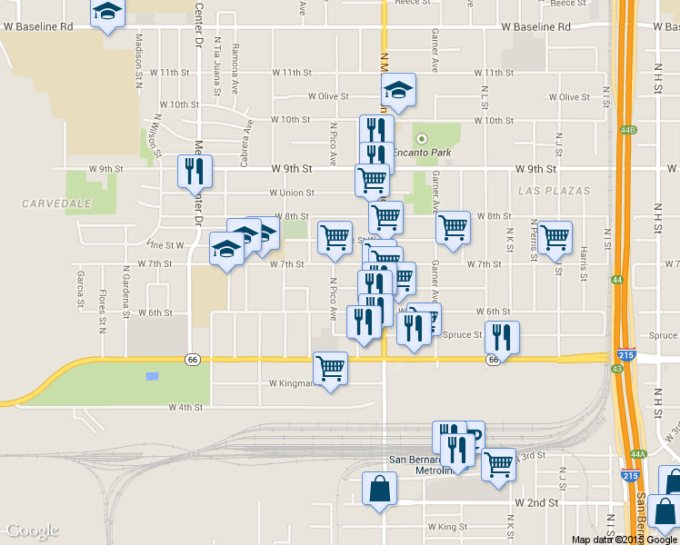 map of restaurants, bars, coffee shops, grocery stores, and more near 1389 West 7th Street in San Bernardino
