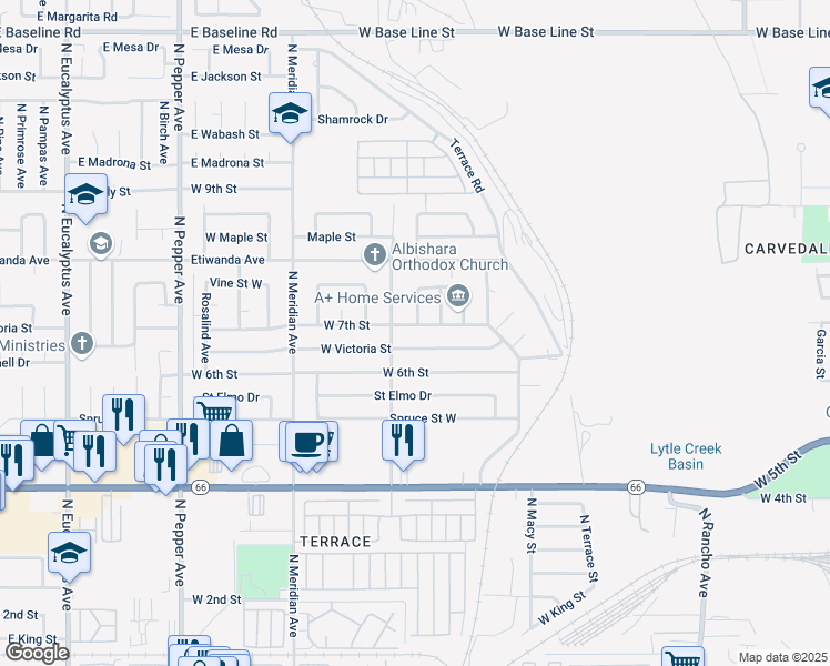 map of restaurants, bars, coffee shops, grocery stores, and more near 2454 West Victoria Street in San Bernardino