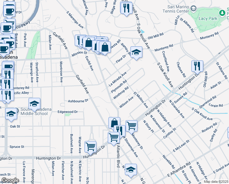 map of restaurants, bars, coffee shops, grocery stores, and more near 480 Plymouth Road in San Marino