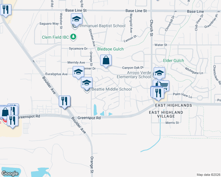 map of restaurants, bars, coffee shops, grocery stores, and more near 28630 Newcastle Road in Highland