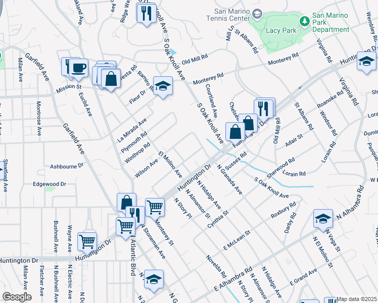 map of restaurants, bars, coffee shops, grocery stores, and more near 1551 Pasqualito Drive in San Marino
