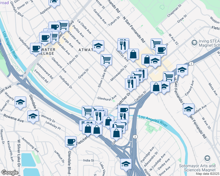 map of restaurants, bars, coffee shops, grocery stores, and more near 3145 Garden Avenue in Los Angeles